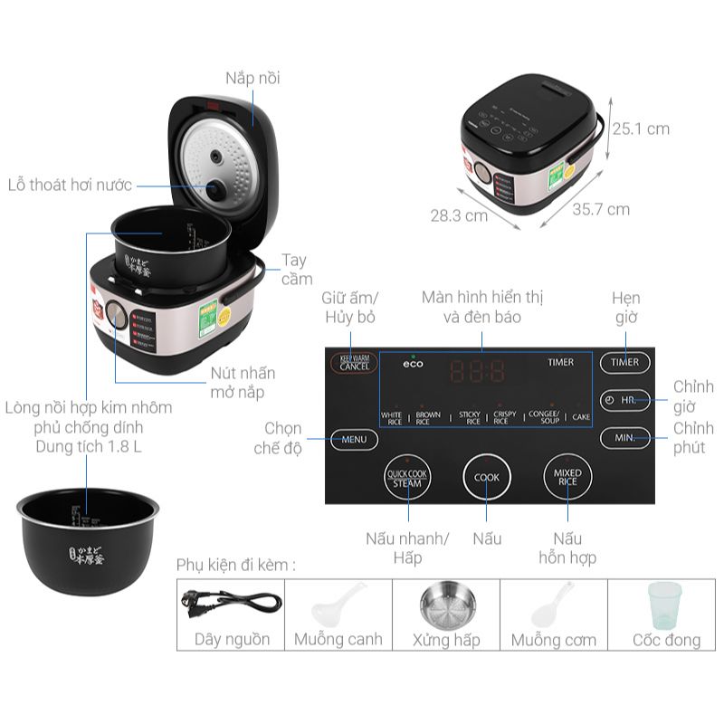 Kích thước Nồi cơm điện Toshiba RC-18IX1PV Kích thước Nồi cơm điện Toshiba RC-18IX1PV