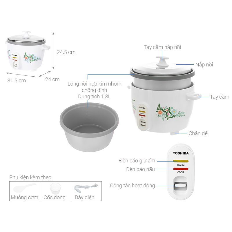 Kích thước Nồi cơm điện Toshiba RC-18MH1PV(F) Kích thước Nồi cơm điện Toshiba RC-18MH1PV(F)