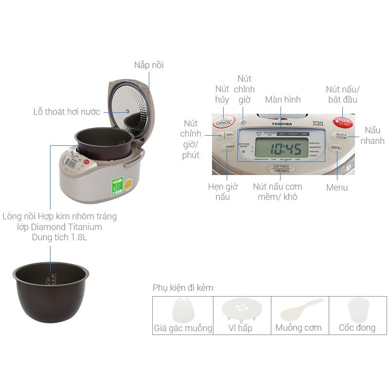 Kích thước Nồi cơm điện Toshiba RC-18RH(CG)VN Kích thước Nồi cơm điện Toshiba RC-18RH(CG)VN