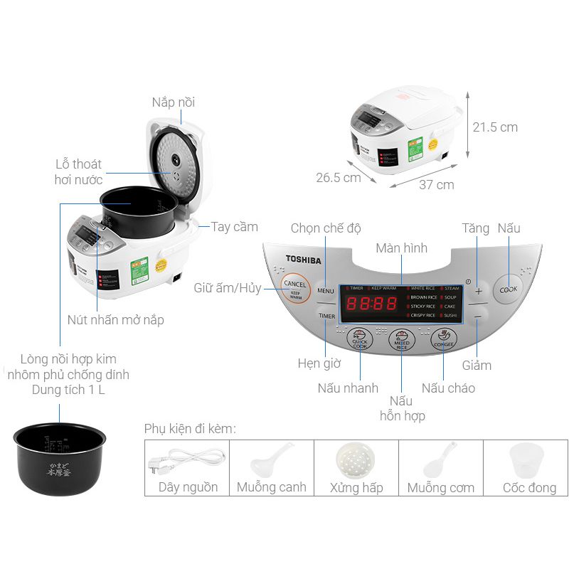 Kích thước Nồi cơm điện tử Toshiba RC-10DH2PV(W) Kích thước Nồi cơm điện tử Toshiba RC-10DH2PV(W)