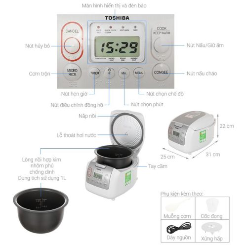 Nồi cơm điện tử Toshiba RC-10NMFVN(WT) 5 Kích thước Nồi cơm điện tử Toshiba RC-10NMFVN(WT)