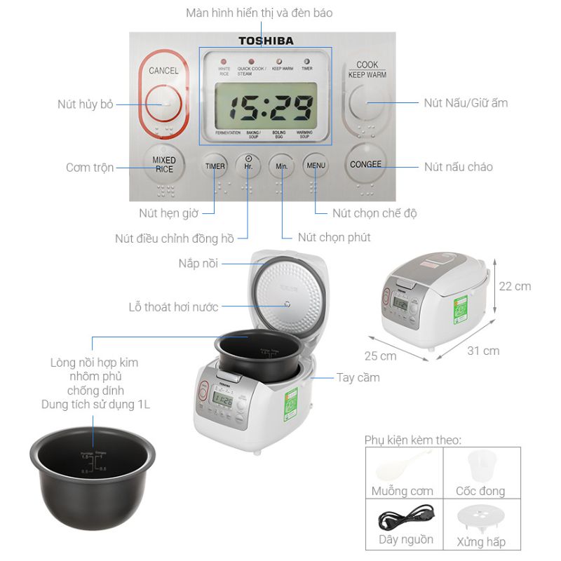 Kích thước Nồi cơm điện tử Toshiba RC-10NMFVN(WT) Kích thước Nồi cơm điện tử Toshiba RC-10NMFVN(WT)