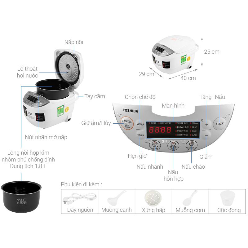 Kích thước Nồi cơm điện tử Toshiba RC-18DH2PV(W) Kích thước Nồi cơm điện tử Toshiba RC-18DH2PV(W)