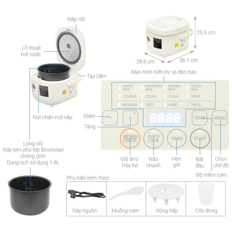 Kích thước Nồi cơm điện tử TOSHIBA RC-18DR4TVN(H/W) Kích thước Nồi cơm điện tử TOSHIBA RC-18DR4TVN(H/W)