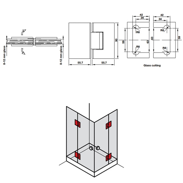 Bản lề kính - kính 180º màu đen Hafele 981.77.903 4 Kích thước của Bản lề kính - kính 180º màu đen Hafele 981.77.903