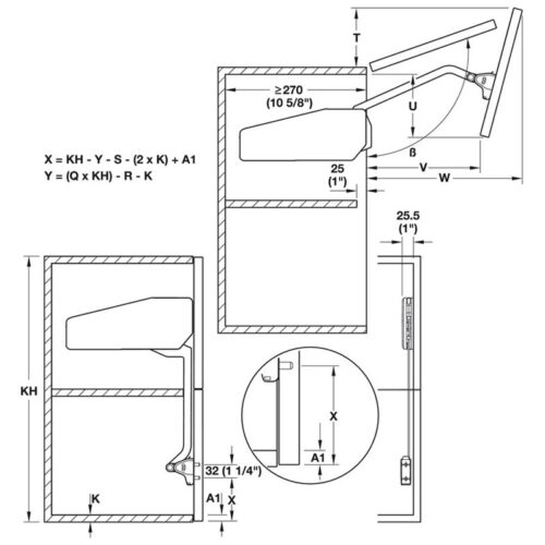 Bộ tay nâng Free Fold Short Hafele 493.05.732 5 Kích thước của Bộ tay nâng Free Fold Short Hafele 493.05.732