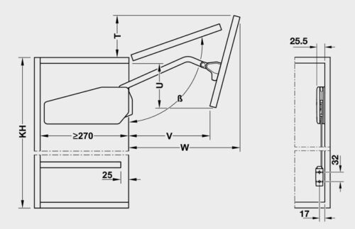 Bộ tay nâng Free Fold Short Hafele 493.05.733 5 Kích thước của Bộ tay nâng Free Fold Short Hafele 493.05.733