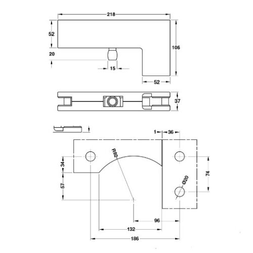 Kẹp kính L màu đen mờ 120kg 981.00.664 5 Kích thước của Kẹp kính L màu đen mờ 120kg 981.00.664