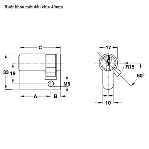Ruột khóa 40mm một đầu chìa Hafele 916.63.361 5 Kích thước của Ruột khóa 40mm một đầu chìa Hafele 916.63.361