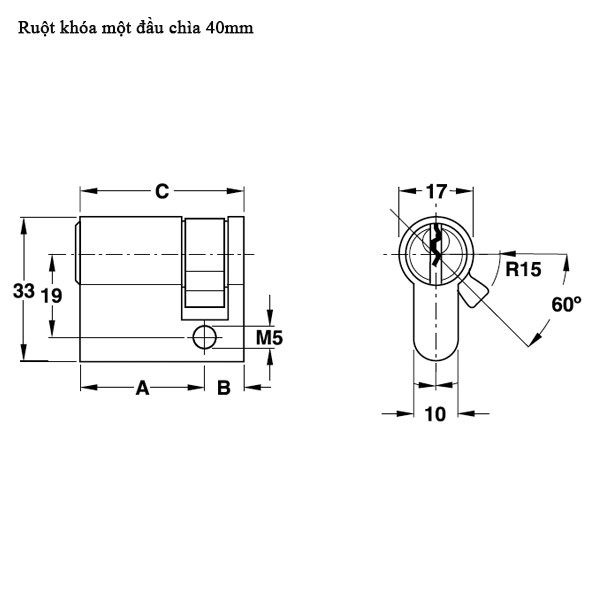 Ruột khóa 40mm một đầu chìa Hafele 916.63.361 4 Kích thước của Ruột khóa 40mm một đầu chìa Hafele 916.63.361