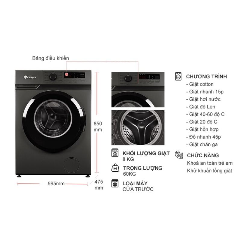 Máy Giặt Casper Inverter 8 Kg WF-8VG1 cửa trước 5 Kích thước máy Giặt Casper Inverter 8 Kg WF-8VG1 cửa trước