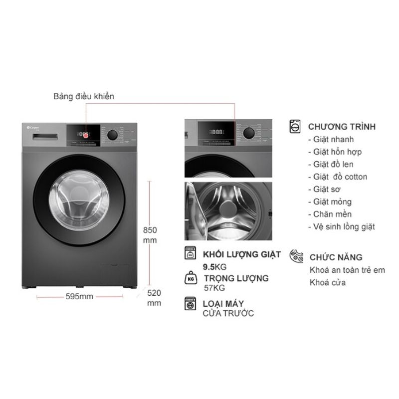 Máy Giặt Casper Inverter 9.5 Kg WF-95VG5 cửa trước 5 Kích thước máy Giặt Casper Inverter 9.5 Kg WF-95VG5 cửa trước