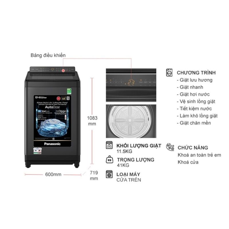 Máy Giặt Panasonic Inverter 11.5 Kg NA-FD115W3BV cửa trên 6 Kích thước máy Giặt Panasonic Inverter 11.5 Kg NA-FD115W3BV cửa trên