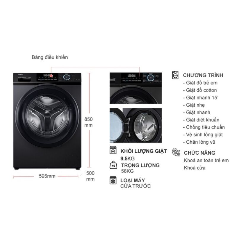 Máy Giặt Aqua Inverter 9.5 Kg AQD-A952J.BK cửa trước 5 Kích thước máy Giặt Aqua Inverter 9.5 Kg AQD-A952J.BK cửa trước