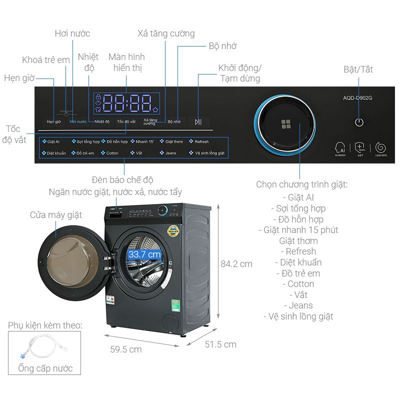 Máy Giặt Aqua Inverter 9 Kg AQD-D903G.BK cửa trước 6 Kích thước máy Giặt Aqua Inverter 9 Kg AQD-D903G.BK cửa trước