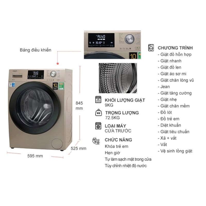 Máy Giặt Aqua Inverter 9 Kg AQD-DD900F (N) cửa trước 6 Kích thước máy Giặt Aqua Inverter 9 Kg AQD-DD900F (N) cửa trước