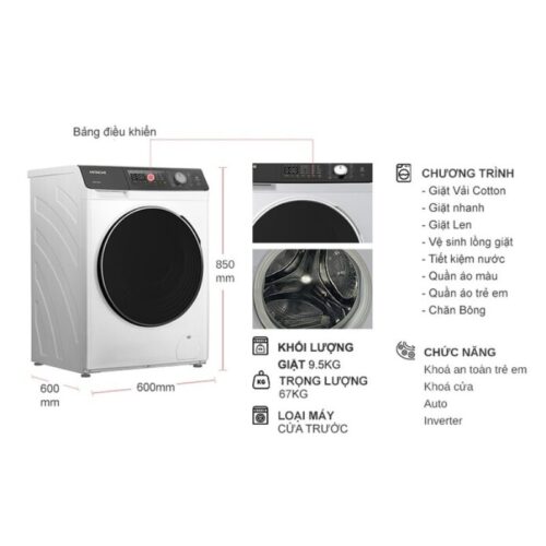 Máy Giặt Hitachi Inverter 9.5 Kg BD-954HVOW cửa trước 7 Kích thước máy Giặt Hitachi Inverter 9.5 Kg BD-954HVOW cửa trước