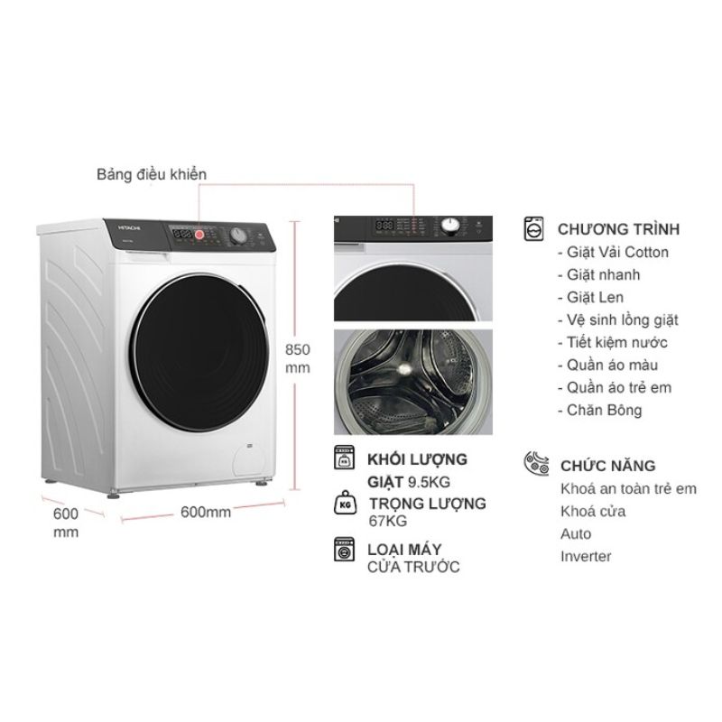 Máy Giặt Hitachi Inverter 9.5 Kg BD-954HVOW cửa trước 5 Kích thước máy Giặt Hitachi Inverter 9.5 Kg BD-954HVOW cửa trước