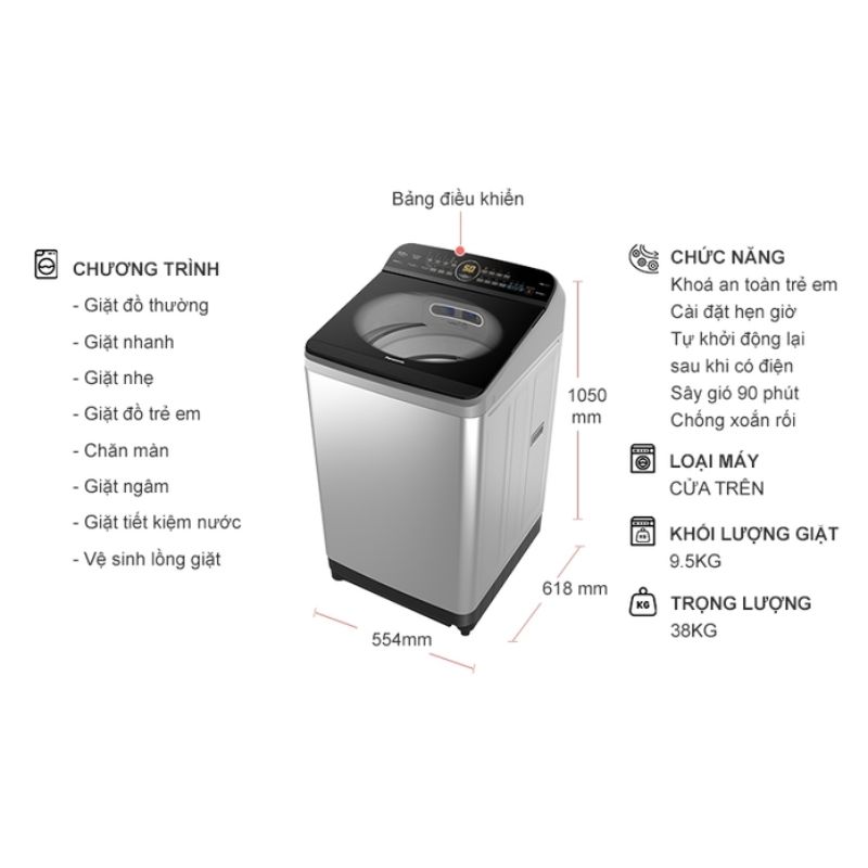 Máy Giặt Panasonic Inverter 9.5 Kg NA-FD95X1LRV cửa trên 6 Kích thước máy Giặt Panasonic Inverter 9.5 Kg NA-FD95X1LRV cửa trên