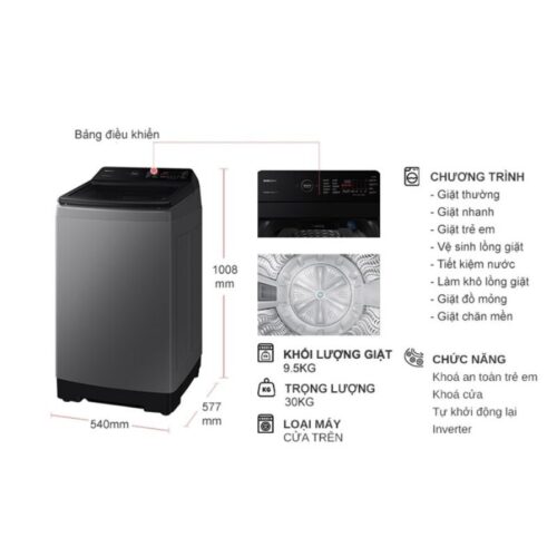 Máy Giặt Samsung Inverter 9.5 kg WA95CG4545BDSV cửa trên 9 Kích thước máy Giặt Samsung Inverter 9.5 kg WA95CG4545BDSV cửa trên