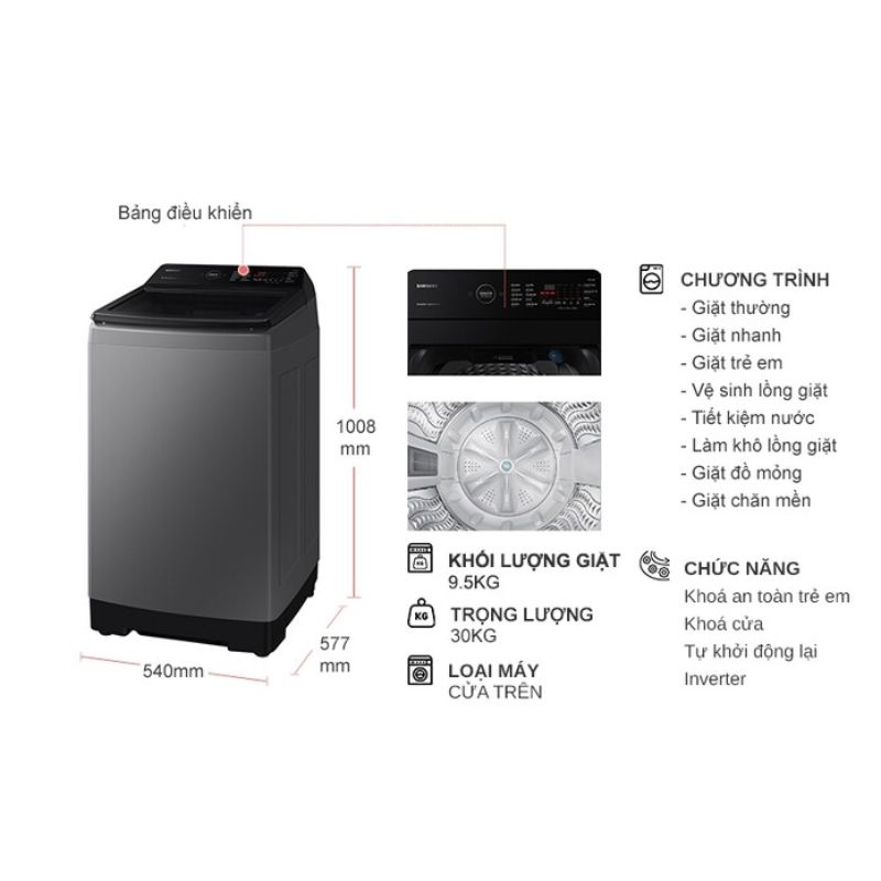 Máy Giặt Samsung Inverter 9.5 kg WA95CG4545BDSV cửa trên 6 Kích thước máy Giặt Samsung Inverter 9.5 kg WA95CG4545BDSV cửa trên