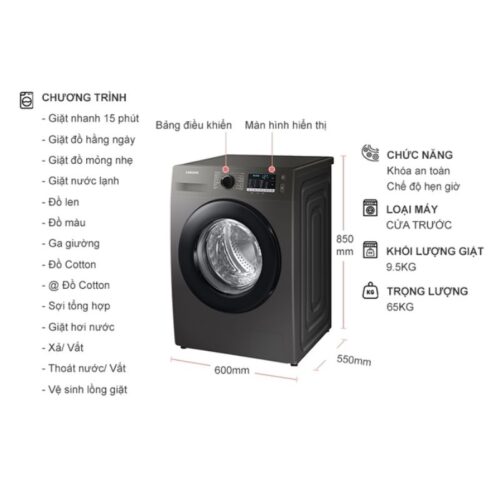Máy Giặt Samsung Inverter 9.5 Kg WW95TA046AX/SV cửa trước 7 Kích thước máy Giặt Samsung Inverter 9.5 Kg WW95TA046AX / SV cửa trước