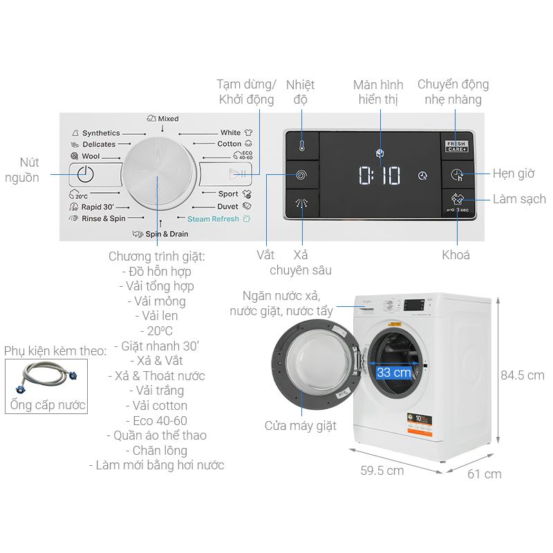 Máy Giặt Whirlpool Inverter 9 Kg FFB9458WVEE cửa trước 6 Kích thước máy Giặt Whirlpool Inverter 9 Kg FFB9458WVEE cửa trước