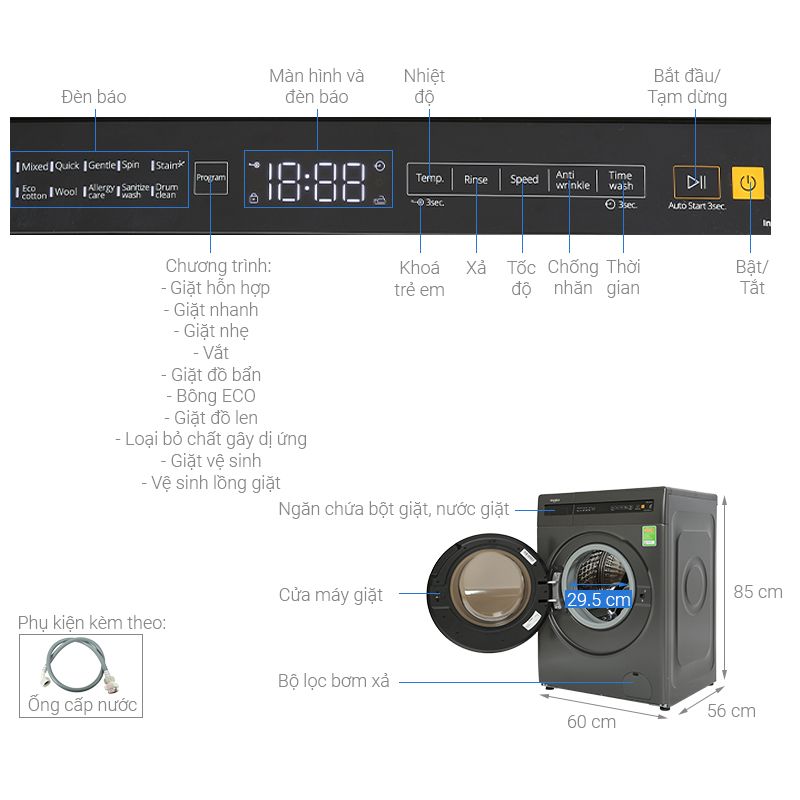 Máy Giặt Whirlpool Inverter 9 Kg FWEB9002FG cửa trước 6 Kích thước máy Giặt Whirlpool Inverter 9 Kg FWEB9002FG cửa trước
