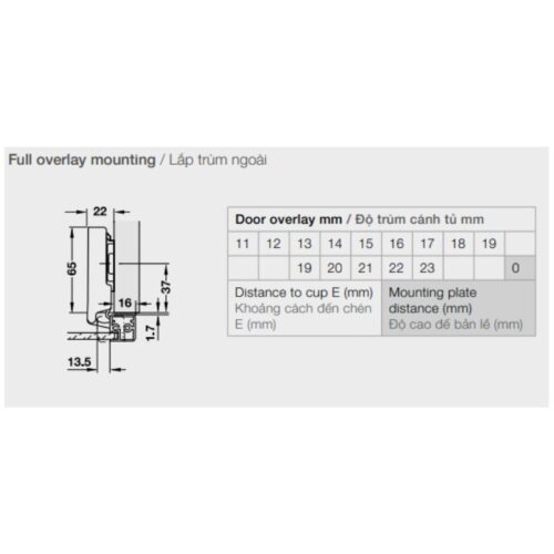 Bản lề khung nhôm đố nhỏ (trùm ngoài) Hafele 315.26.700 7 Thông số kỹ thuật bản lề khung nhôm đố nhỏ (trùm ngoài) Hafele 315.26.700