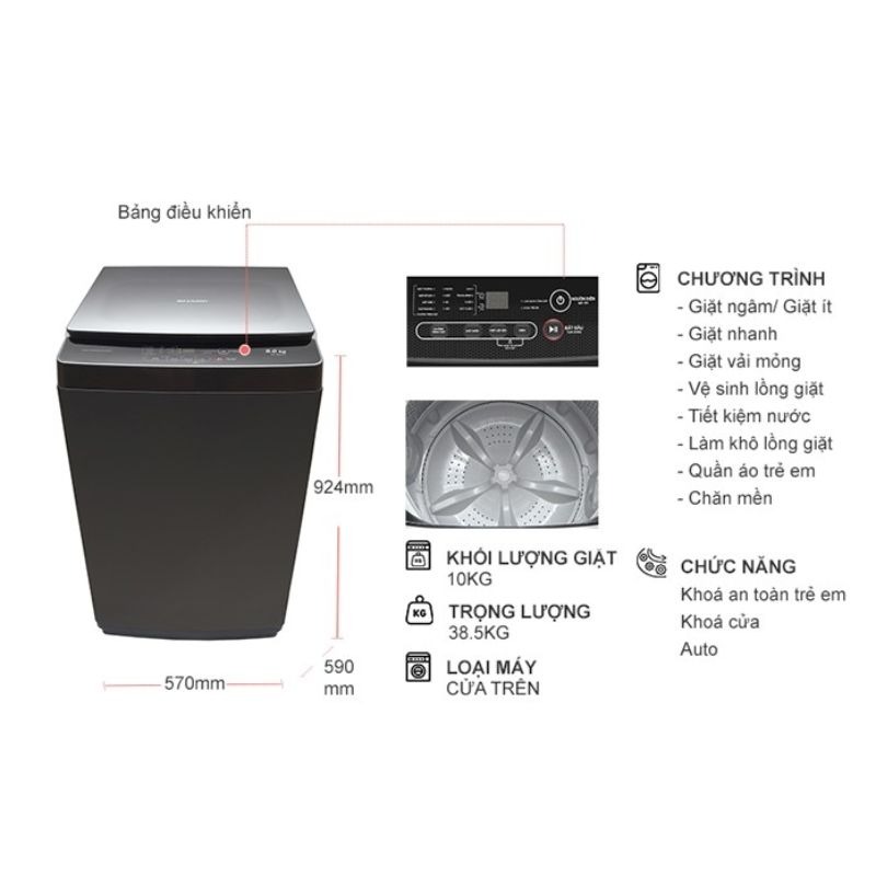 Máy giặt Sharp 10kg ES-Y100HV-S cửa trên 5 Thông số máy giặt Sharp 10kg ES-Y100HV-S cửa trên