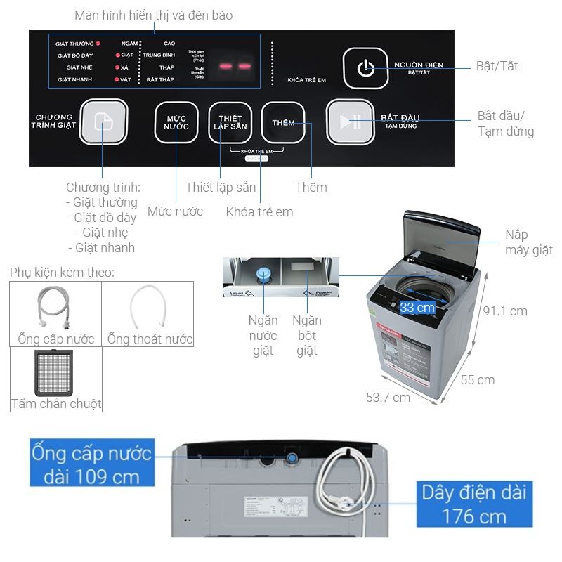 Máy giặt Sharp 7.5kg ES-Y75HV-S cửa trên 5 Thông số máy giặt Sharp 7.5kg ES-Y75HV-S cửa trên