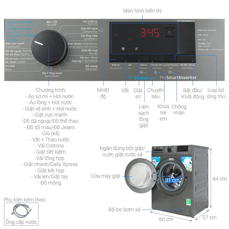 Máy Giặt Beko Inverter 9 Kg WCV9614XB0STM cửa trước 6 Kích thước máy Giặt Beko Inverter 9 Kg WCV9614XB0STM cửa trước
