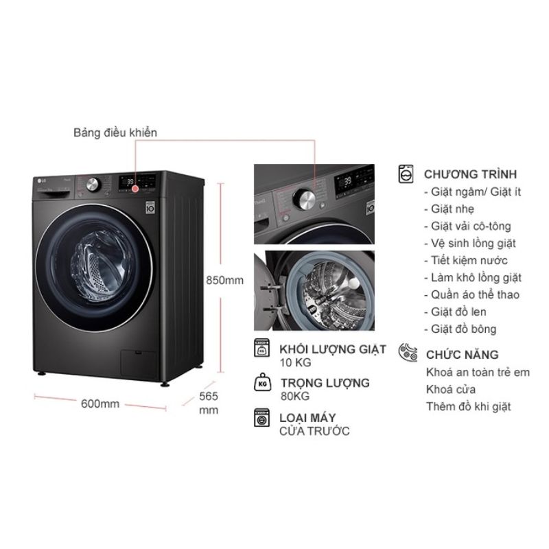Máy Giặt LG Inverter 10 Kg FV1410S3B cửa trước 6 Kích thước máy Giặt LG Inverter 10 Kg FV1410S3B cửa trước