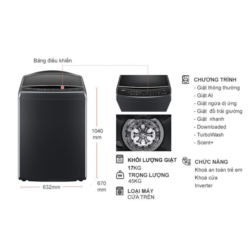 Máy Giặt LG Inverter 17 Kg TV2517SV7J cửa trên 6 Kích thước máy Giặt LG Inverter 17 Kg TV2517SV7J cửa trên