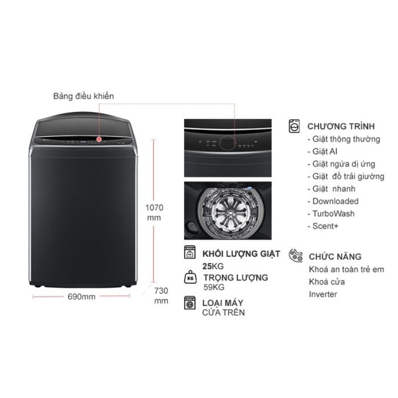 Máy Giặt LG Inverter 25 Kg TV2725SV9J cửa trên 6 Kích thước máy Giặt LG Inverter 25 Kg TV2725SV9J cửa trên