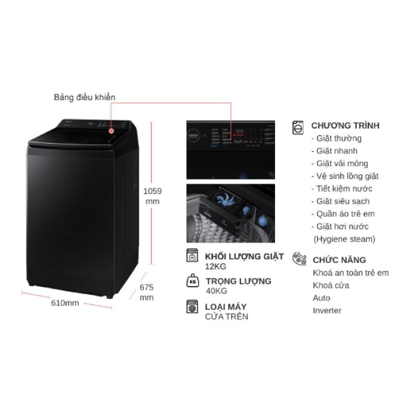 Máy Giặt Samsung Inverter 12 kg WA12CG5886BVSV cửa trên 6 Kích thước máy Giặt Samsung Inverter 12 kg WA12CG5886BVSV cửa trên