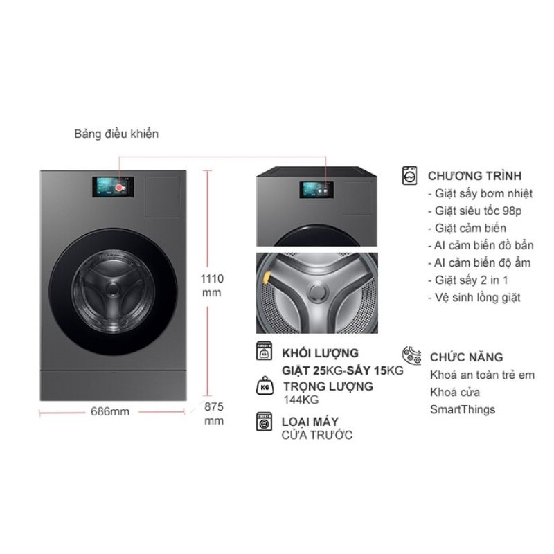 Máy Giặt Sấy Samsung Inverter Giặt 25 Kg - Sấy 15 kg WD25DB8995BZSV 6 Kích thước máy Giặt Sấy Samsung Inverter Giặt 25 Kg - Sấy 15 kg WD25DB8995BZSV