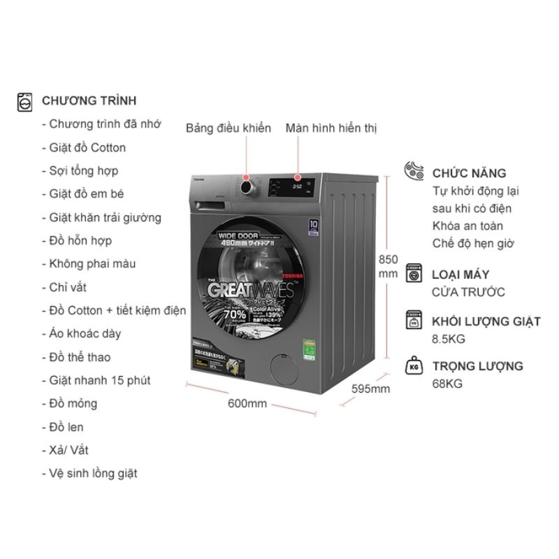 Máy Giặt Toshiba Inverter 8.5 Kg TW-BK95S3V (SK) cửa trước 5 Kích thước máy Giặt Toshiba Inverter 8.5 Kg TW-BK95S3V (SK) cửa trước