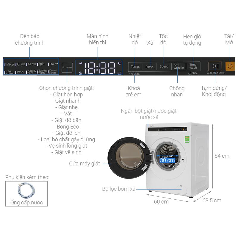 Máy Giặt Whirlpool Inverter 10.5 Kg FWEB10502FW cửa trước 6 Kích thước máy Giặt Whirlpool Inverter 10.5 Kg FWEB10502FW cửa trước