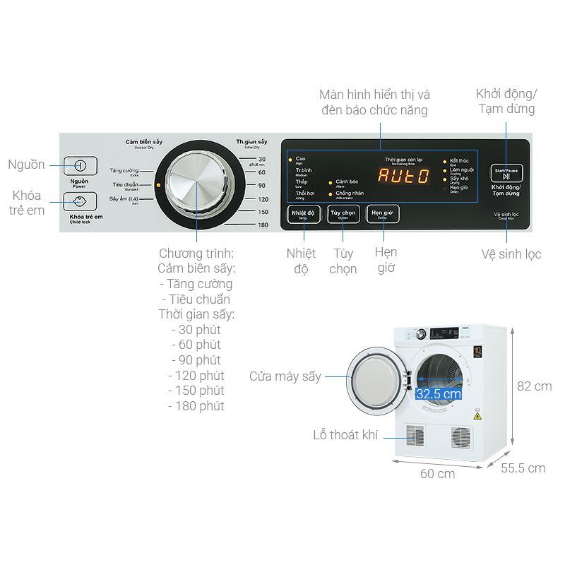 Máy Sấy Thông Hơi Aqua 7 Kg AQH-V700F 5 Kích thước máy Sấy Thông Hơi Aqua 7 Kg AQH-V700F