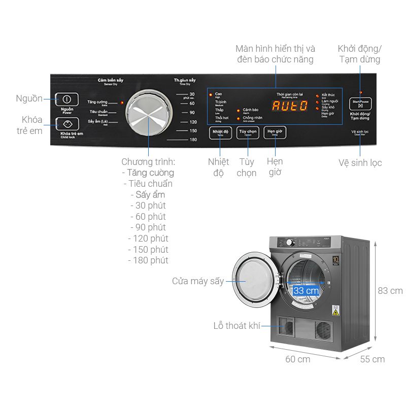 Máy Sấy Thông Hơi Aqua 8 Kg AQH-V800H.SS 5 Kích thước máy Sấy Thông Hơi Aqua 8 Kg AQH-V800H.SS