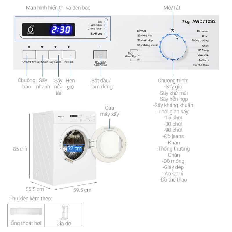 Máy Sấy Thông Hơi Whirlpool 7 Kg AWD712S2 6 Kích thước máy Sấy Thông Hơi Whirlpool 7 Kg AWD712S2