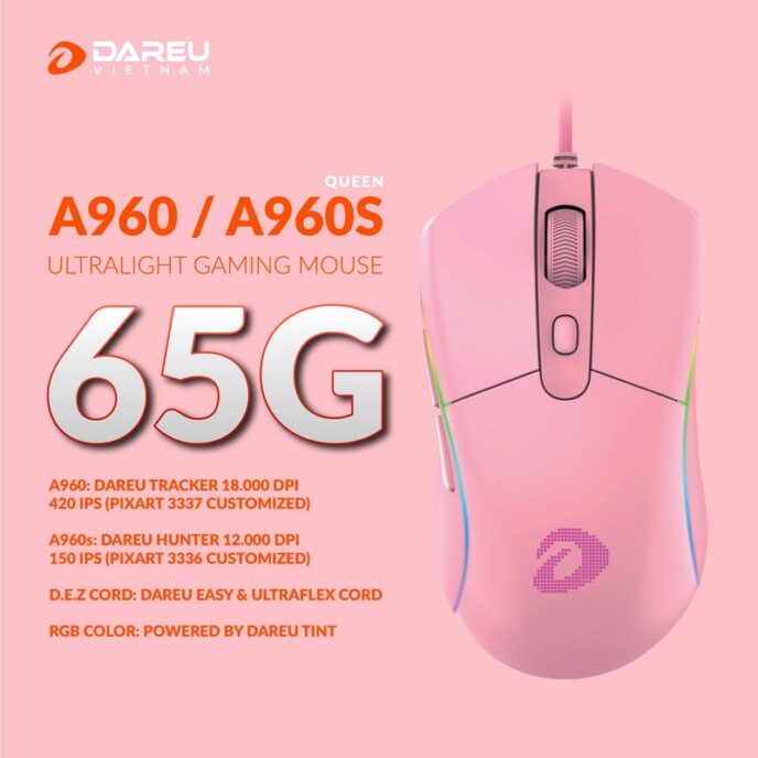 Chuột DareU A960S RGB Queen Pink Ultra LightWeight