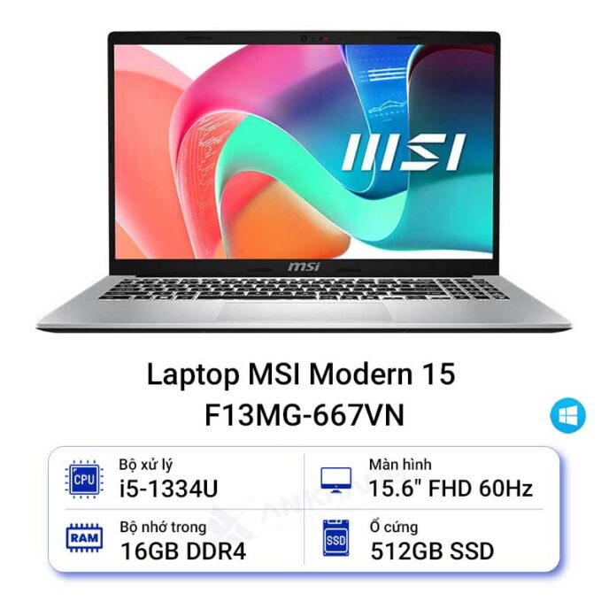 Laptop MSI Modern 15 F13MG-667VN (Intel Core i5-1334U (12MB, Up to 4.60GHz), 8GB DDR4 3200MHz, 512GB NVMe PCIe Gen4, Intel Iris Xe Graphics, Windows 11 Home SL, Màu Bạc)