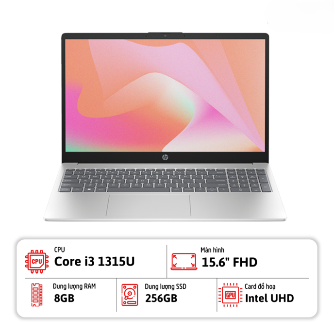 Laptop HP 15-FD0133WM (Intel® Core™ i3-1315U, 8GB DDR4, 256GB PCIe NVMe M.2, Intel® Graphics, 15.6 inch FHD, Windows 11 Home, Sliver_B4KT4UA)