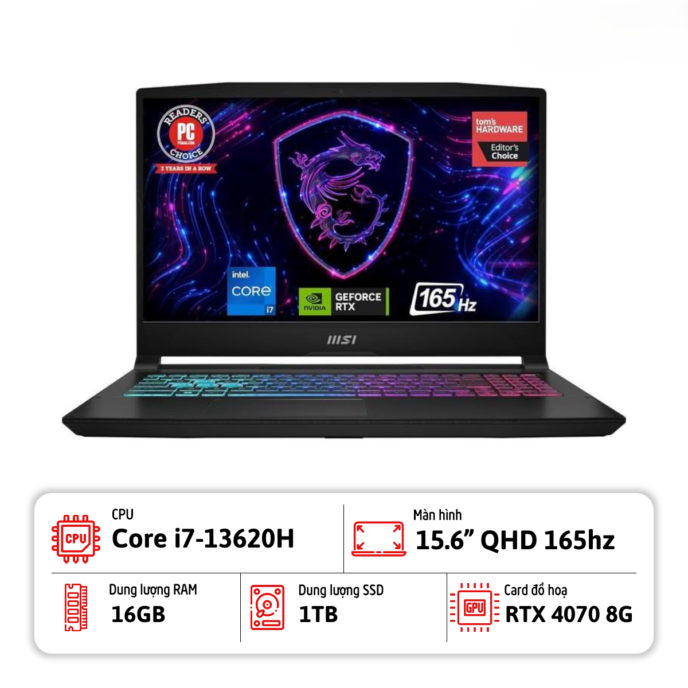 Laptop MSI Katana 15 B13VGK-2000US (Intel Core i7-13620H, Ram 16GB, 1TB SSD, RTX 4070 8G, 15.6 inch QHD 144Hz, Win 11, Màu Đen)