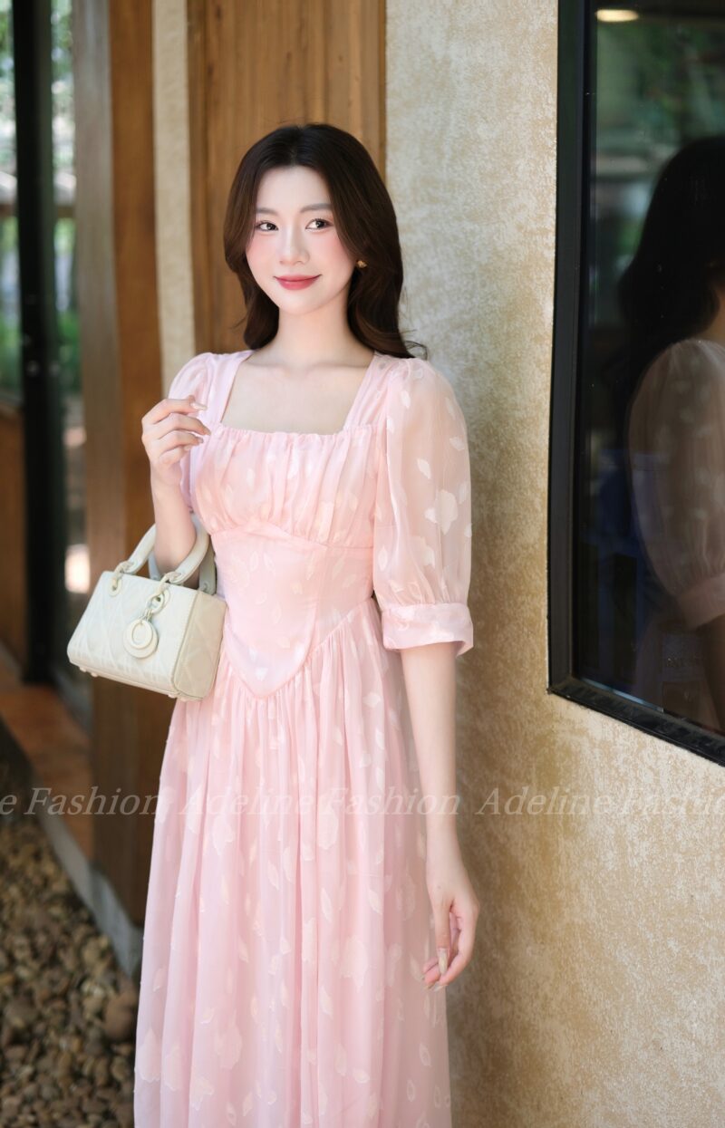 Alternative view of Adeline House - Váy Hồng Xinh Vintage Tay Phồng Dáng Midi Nữ Tính