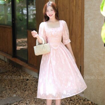 Adeline House - Váy Hồng Xinh Vintage Tay Phồng Dáng Midi Nữ Tính