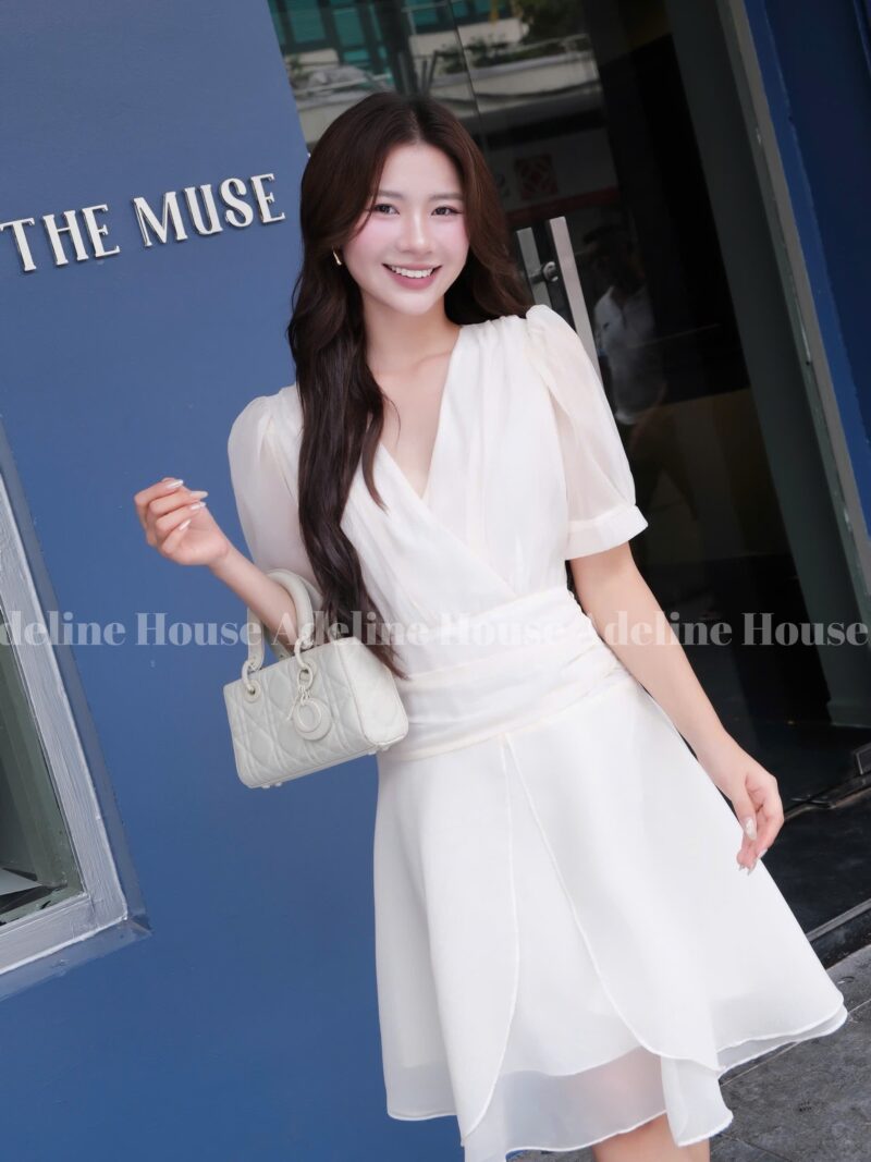 Adeline House - Đầm Trắng Be Pastel Cổ V Dáng Xòe – Váy Thiết Kế Nữ Tính Thanh Lịch Adeline
