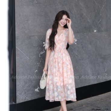 Adeline House - Váy hoa nhí cổ tim tay nơ - TK 01 Cam